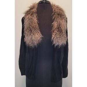 Vince Camuto Black 3/4 Sleeve Cardigan M Removable Faux Fur Collar Knit EUC